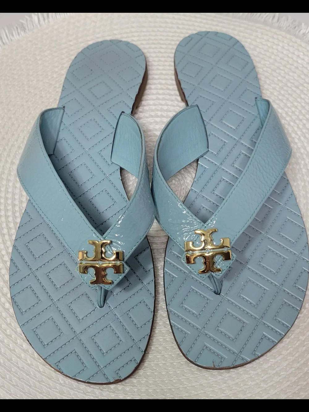 Tory Burch Sky Blue Maybell Patent Leather  Thong Sandals - Worn Once